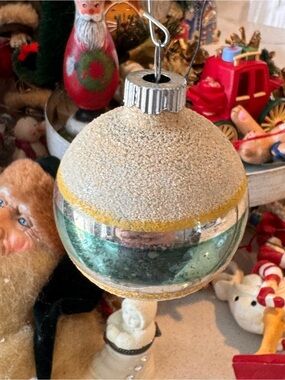 Mid-Century VTG Shiny Brite Glass Christmas Ornament – Sugar Frosted Mica Stripe